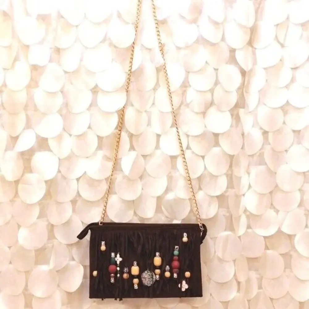 CROSSBODY BROWN Fringed Purse BOHEMIAN Luxury Gold Chain Charms Flower Gypsy NEW